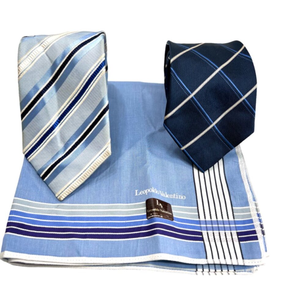 Set: 2 Valentino F Neckties Blue Striped +1 Valentino L Blue Handkerchief (60)